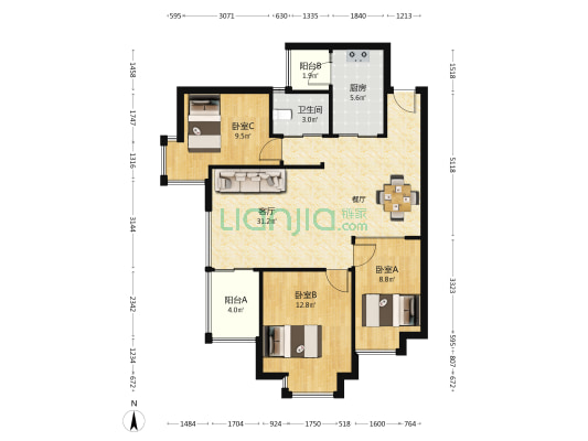 招商桃花园三期 3室1厅1卫 92平方