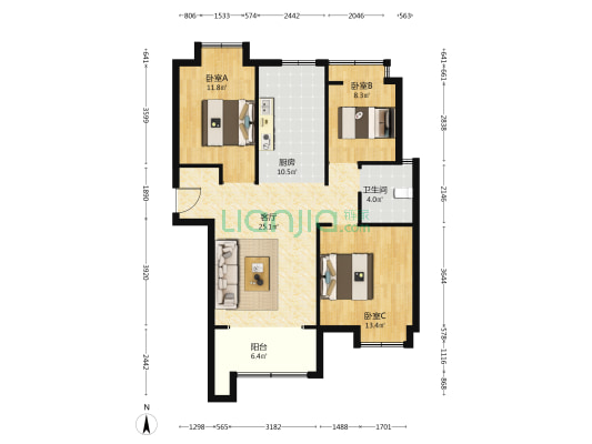 直隶绿庭 3室1厅1卫 117平方
