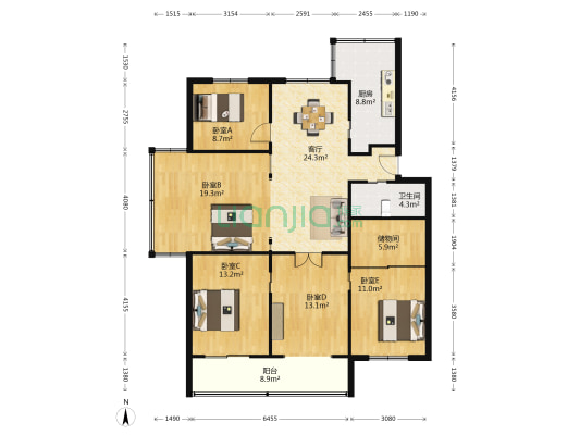 凤起路386号 5室1厅1卫 141平方