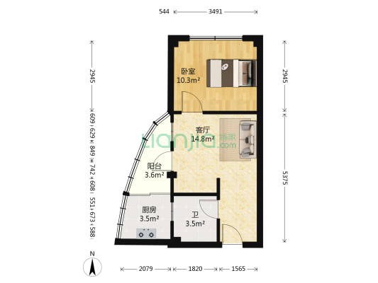 都会经典 1室1厅1卫 48平方