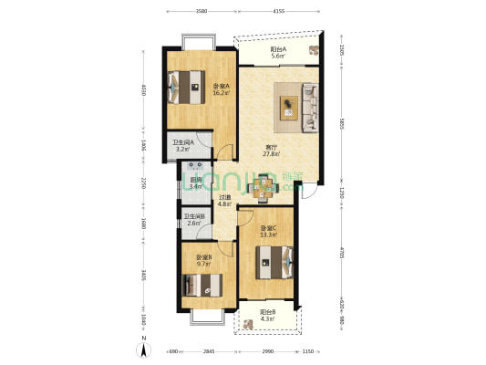 怡景花园 3室1厅2卫 106平方