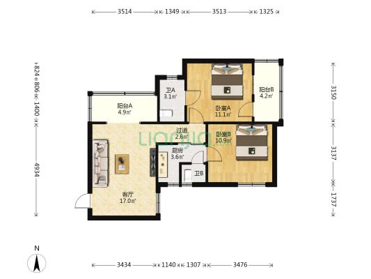 珠海国土局大院 2室1厅2卫 70平方