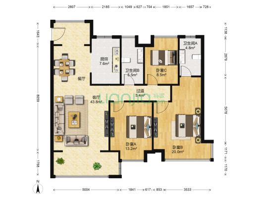 万达文化旅游城N1区 3室1厅2卫 134平方