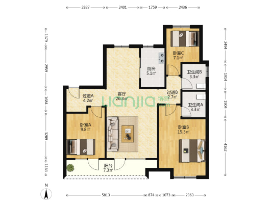 龙湖学樘府 3室1厅2卫 110平方