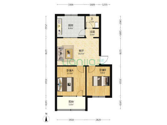 铁路局宿舍 2室1厅0卫 73平方