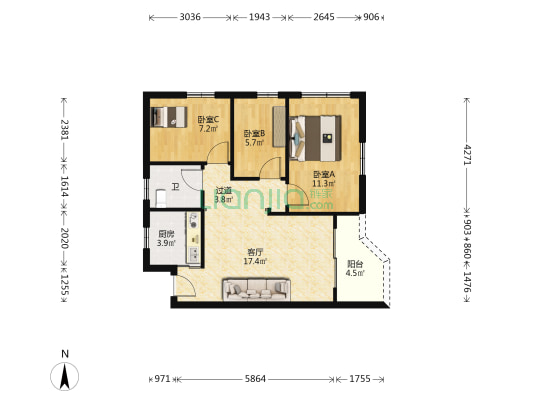 顺港楼 3室1厅1卫 82平方