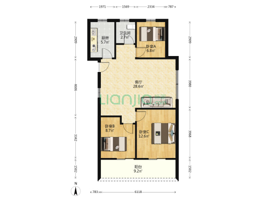 梦屏璟庭 3室1厅1卫 92平方