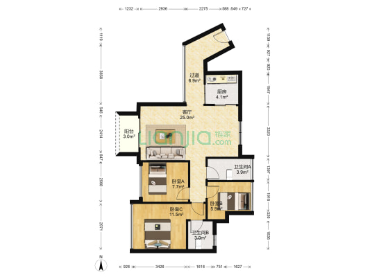 樵顺嘉园 3室1厅2卫 88平方