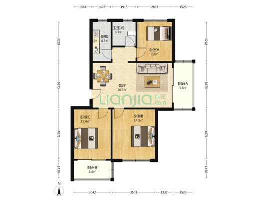 酩悦加州 3室1厅1卫 89平方