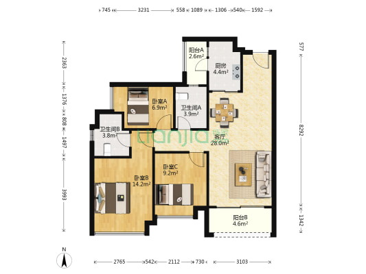 保利罗兰国际 3室1厅2卫 97平方