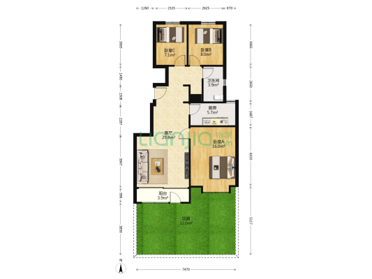 枫书园 3室1厅1卫 96平方