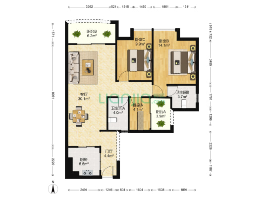 香颐花园 3室1厅2卫 105平方
