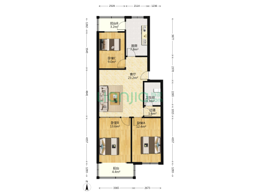 青岛山公寓 3室1厅1卫 97平方