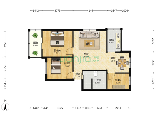 栀子花园 3室2厅1卫 72平方