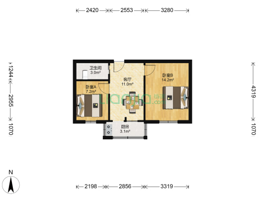 节制闸路7号 2室1厅1卫 49平方