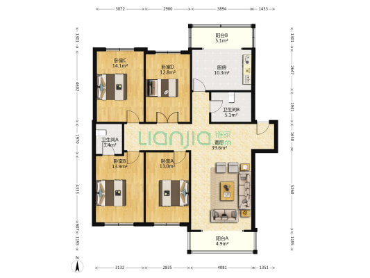金华园 4室1厅2卫 155平方