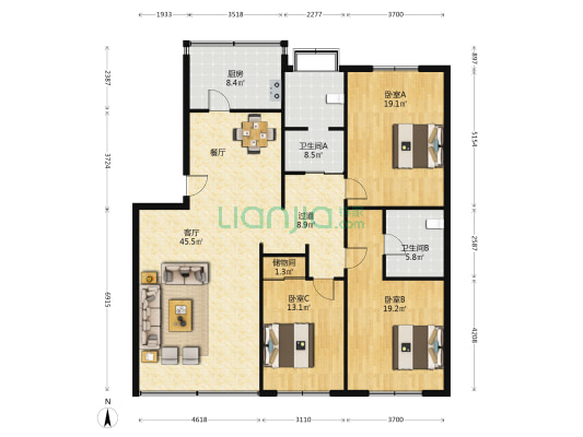 花园路125号院 3室1厅2卫 149平方