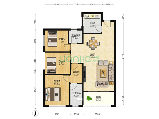 桥和雅苑 3室1厅2卫 97平方