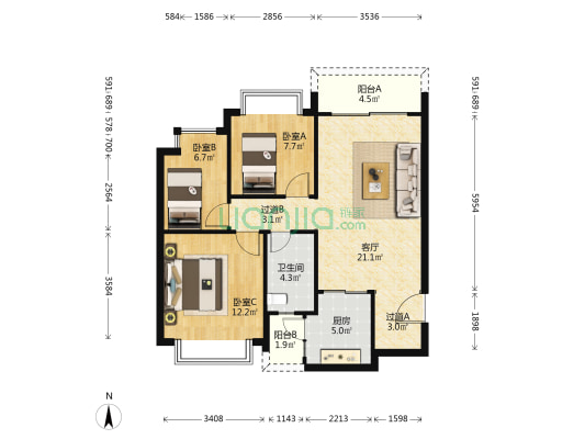 恒大健康城 3室1厅1卫 91平方