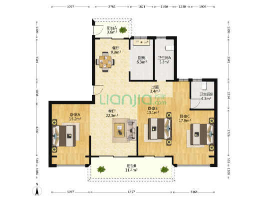 星都会 3室2厅2卫 136平方