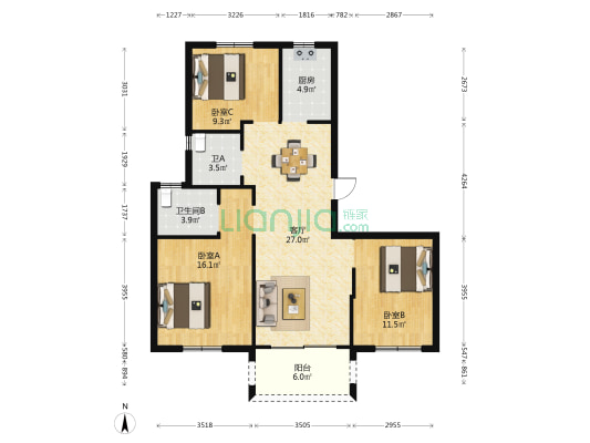 溪学家苑 3室1厅2卫 118平方