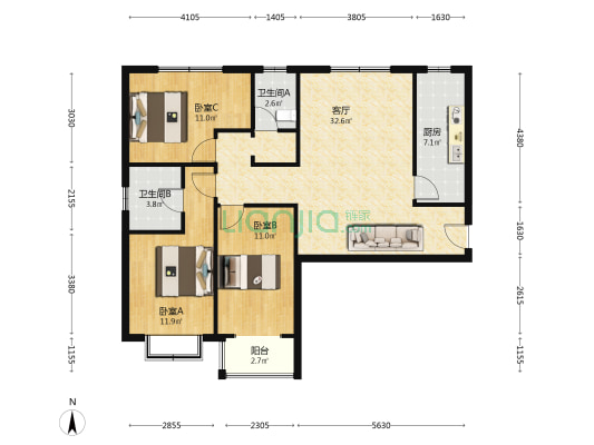 华阳路 精装南北通透三居 高楼层采光好-户型图