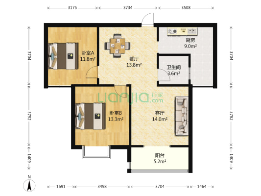 曦城 2室2厅1卫 87平方