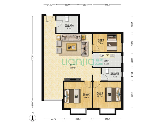 水建家园 3室1厅2卫 121平方