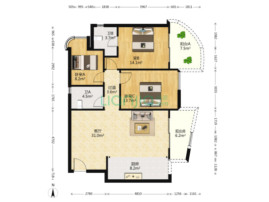江北嘴壹号院西苑 3室1厅2卫 121平方
