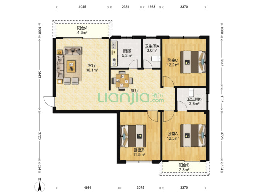 象峰新苑 3室1厅2卫 124平方