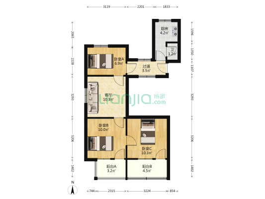 湘图大厦 3室1厅1卫 65平方