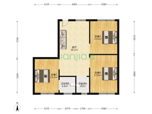 金岳花园 3室1厅2卫 116平方