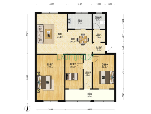 乐园一区 3室2厅1卫 120平方