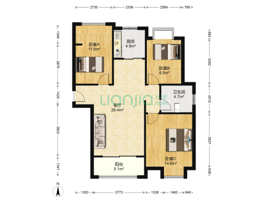 虹亚翰庭雅苑 3室1厅1卫 103平方