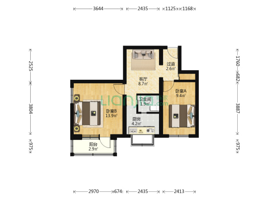泰安胡同北楼 2室1厅1卫 56平方