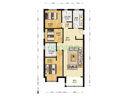 龙湖天钜 3室1厅2卫 107平方