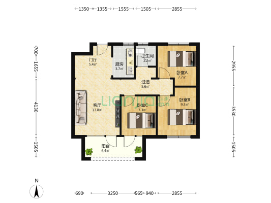 荣盛锦绣书院 3室1厅1卫 90平方