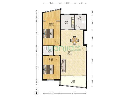 茶圣名苑 2室1厅2卫 108平方