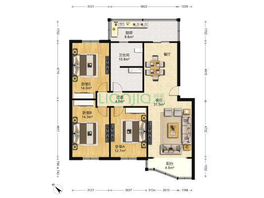 苗溪公寓 3室1厅1卫 118平方