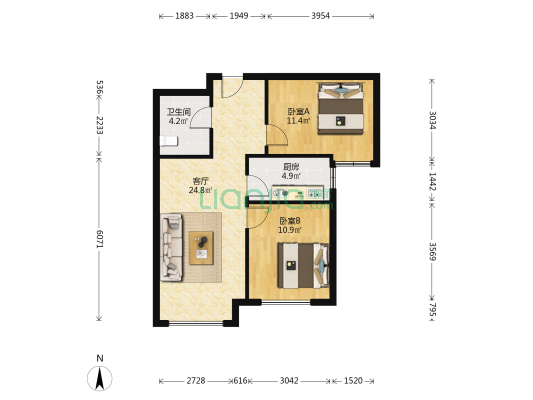 新干线全阳2居小区环境优美 房子采光好 户型方正-户型图