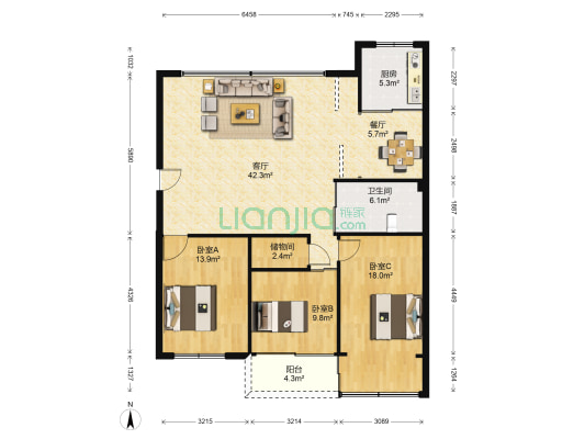 百花苑 3室2厅1卫 128平方