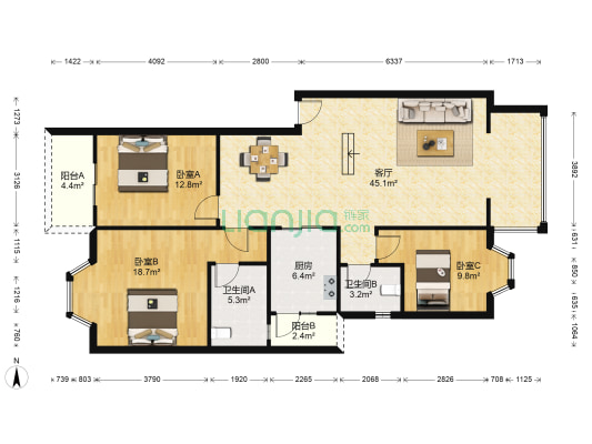 博雅新城D区 3室1厅2卫 119平方