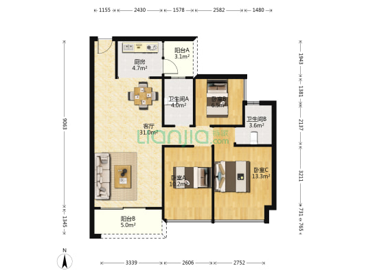 信业尚悦湾 3室1厅2卫 97平方