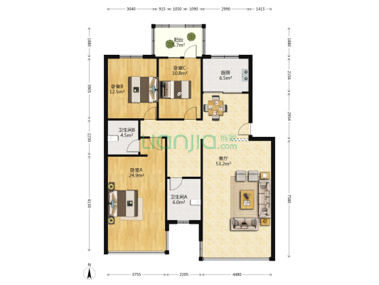 中房琅东小区 3室1厅2卫 125平方