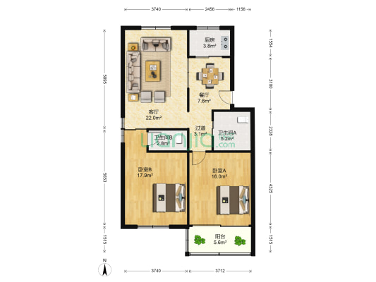 梧丰路711号 2室2厅2卫 103平方