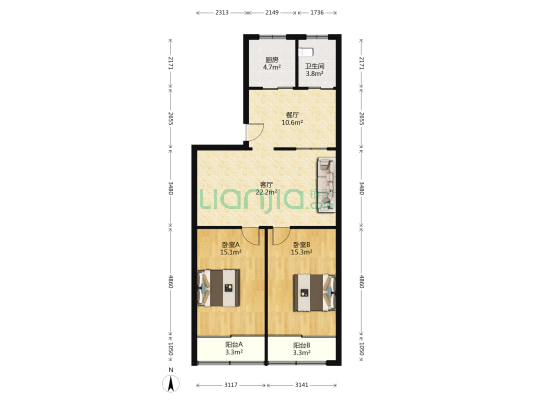 淮河西路1号 2室2厅1卫 102平方