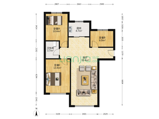 狮子城精装南北通透三居室，房本满二-户型图