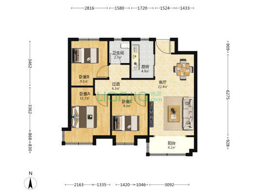 万科翡翠四季B区 3室1厅1卫 104平方