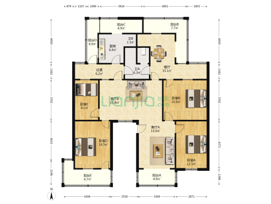 省侨办宿舍 4室3厅2卫 143平方