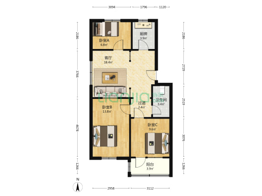 周家岭公寓  3室1厅1卫 83平方
